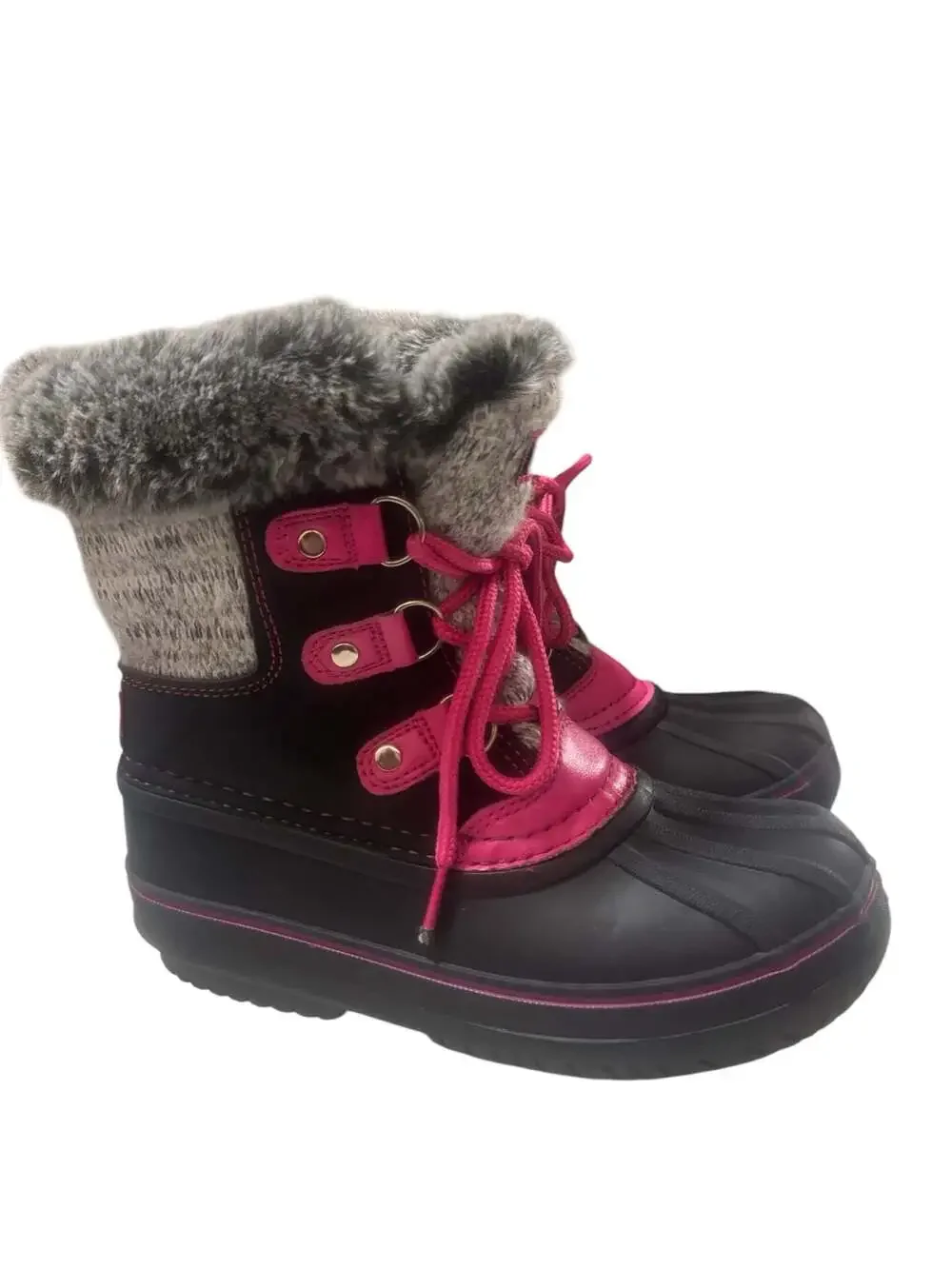 London Fog Girls Tottenham Black Pink Faux Fur Lace Up Winter Snow Boots